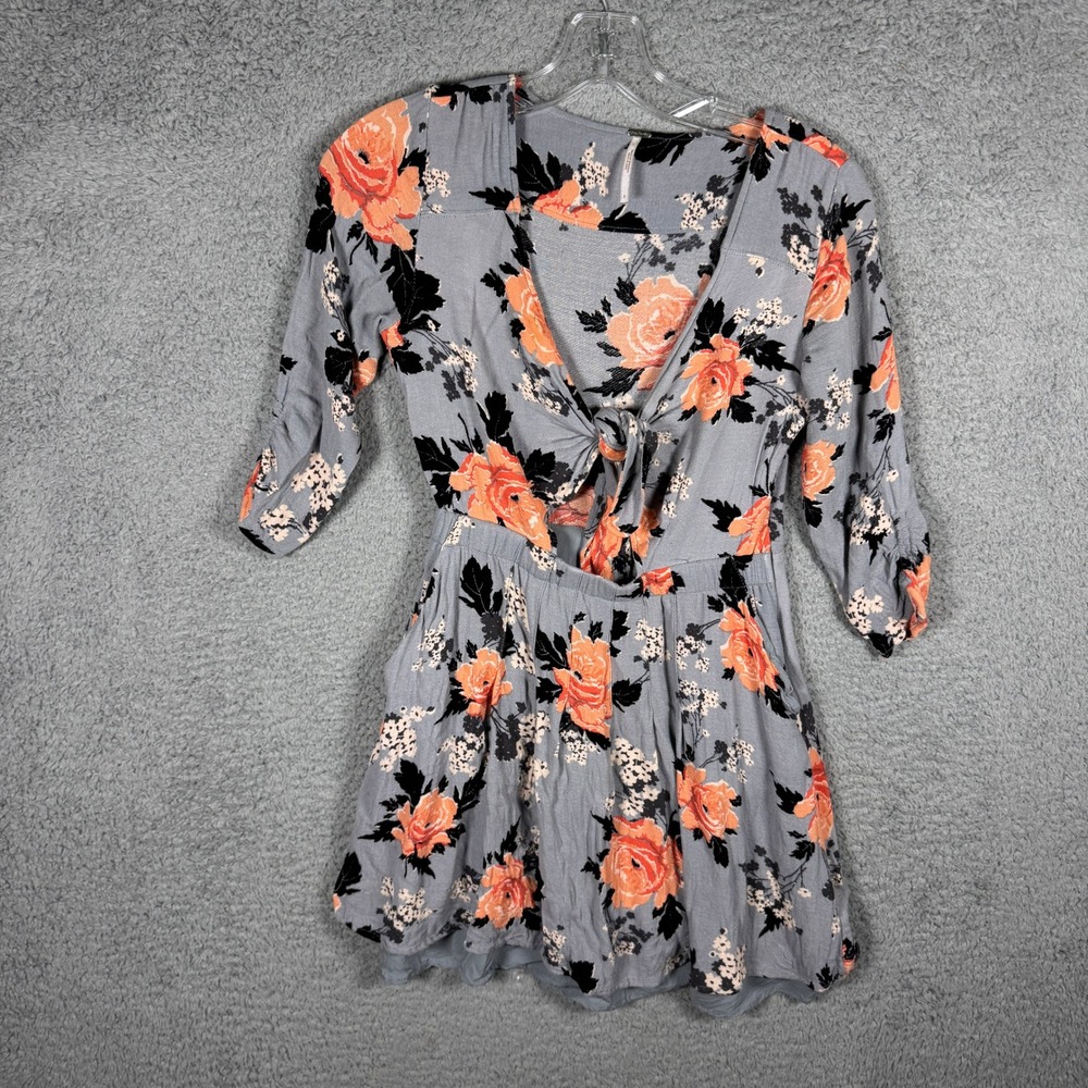 Free People Floral Tie Front Cutout Romper Grey Orange Size 0 Boho Festival